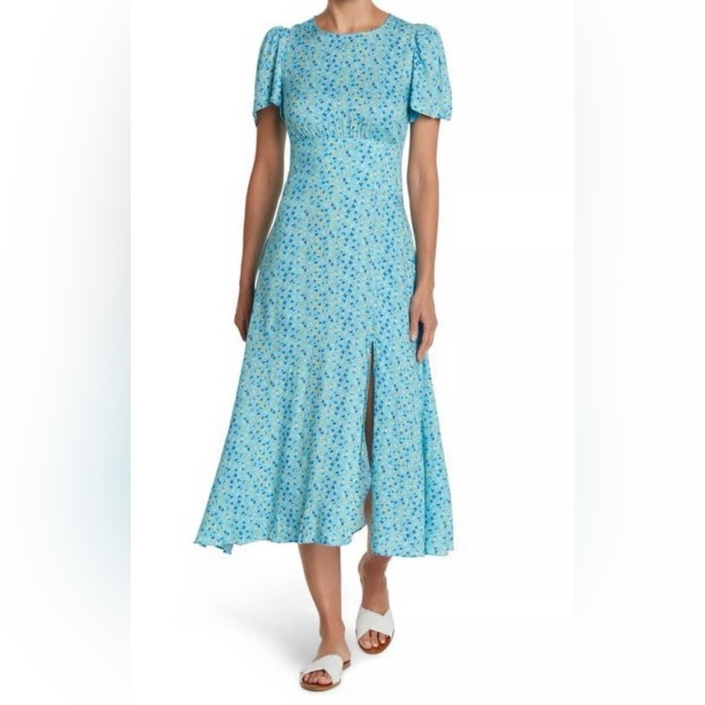 AFRM Jamie Ditzy Floral Midi Dress Slit Puff Sleeves Cottage Open Back Size M